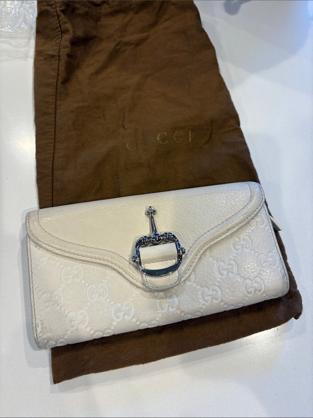 Gucci Cream Leather Horsebit Continental Wallet with Embossed GG AS IS Italy